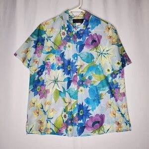 Willow Ridge Button Top Women Large 70's Purple Blue Floral Short Sleeve